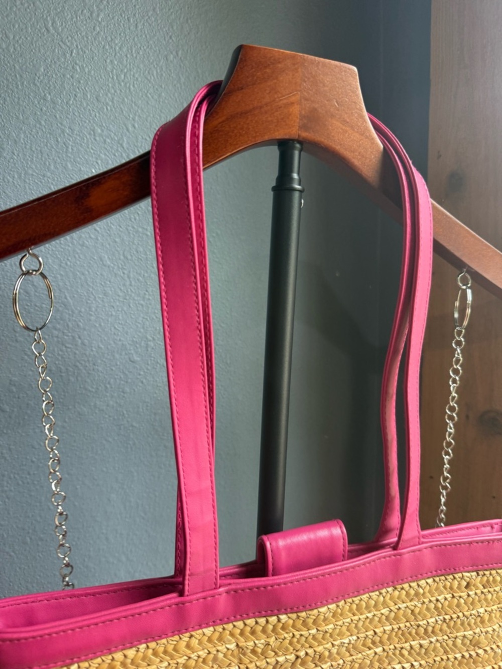 Straw Tote Bag Pink Floral Embroidered Beach Purse Boho Summer Shoulder Bag - Picture 5 of 12